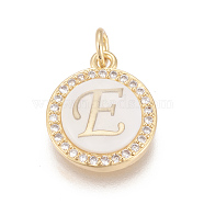 Brass Micro Pave Cubic Zirconia Pendants, with Shell, Long-Lasting Plated, Lead Free & Cadmium Free & Nickel Free, Real 18K Gold Plated, Flat Round with Letter, Clear, Letter.E, 16x13.5x3mm, Hole: 3mm(X-ZIRC-L078-043E-NR)