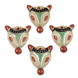 Handmade Porcelain Pendants, Famille Rose Style, Fox, Chocolate, 43~46x35~38x9~10mm, Hole: 3~4mm(PORC-N004-120)