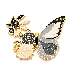 Rack Plating Alloy Enamel Big Pendants, Cadmium Free & Nickel Free & Lead Free, Butterfly with Flower Charms, Golden, Black, 56x69.5x2mm, Hole: 2.5mm(ENAM-N056-399A-G)