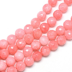Natural White Jade Bead Strands, Dyed, Faceted, Round, Light Coral, 8~9mm, Hole: 1mm, about 46pcs/strand, 14.76~14.96 inch(37.5~38cm)(X-G-R346-8mm-16)