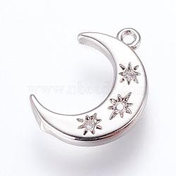 Brass Charms, with Cubic Zirconia, Moon, Platinum, 16x10x2mm, Hole: 1.2~1.5mm(ZIRC-G116-06P)