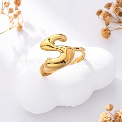 304 Stainless Steel Open Cuff Rings for Women, Letter, Real 18K Gold Plated, Letter S, 13~14x7~15mm(RJEW-M060-01G-19)