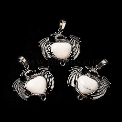 Natural Howlite Heart Pendants, Dragon Charms, with Rack Plating Antique Silver Plated Brass Findings, Lead Free & Cadmium Free, 33x33.5~34x7~7.5mm, Hole: 8x5mm(KK-K331-01AS-10)