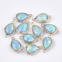 Epoxy Resin Links connectors, with Brass Findings, Imitation Opal Style, teardrop, Golden, Sky Blue, 21~22x11~12x6~7mm, Hole: 1.5mm(RESI-S373-10B)