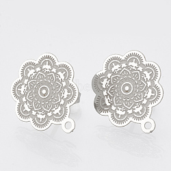 Non-Tarnish 304 Stainless Steel Stud Earring Findings, with Loop, Flower, Stainless Steel Color, 17.5x15mm, Hole: 1mm, pin: 0.7mm(STAS-S079-39B)