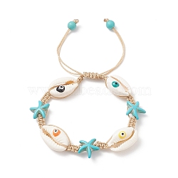 Natural Shell Evil Eye & Synthetic Turquoise(Dyed) Starfish Braided Bead Bracelet, Ocean Theme Adjustable Bracelet for Women, Colorful, Inner Diameter: 2~3-1/8 inch(5~8cm)(BJEW-TA00195)