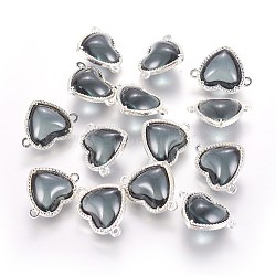 Glass Links connectors, with Eco-Friendly Alloy Findings, Heart, Silver Color Plated, Gray, 14x18.5x7mm, Hole: 1.2mm(GLAA-I041-05S)
