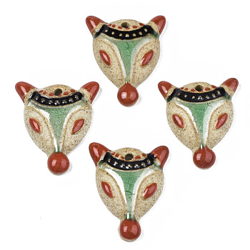 Handmade Porcelain Pendants, Famille Rose Style, Fox, Chocolate, 43~46x35~38x9~10mm, Hole: 3~4mm