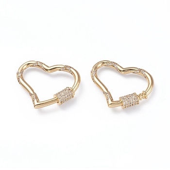 Brass Micro Pave Cubic Zirconia Screw Carabiner Lock Charms, for Necklaces Making, Heart, Clear, Golden, 31x26x3mm