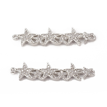 Brass Micro Pave Clear Cubic Zirconia Connector Charms, Starfish Links, Platinum, 9x40x2.5mm, Hole: 1.2mm