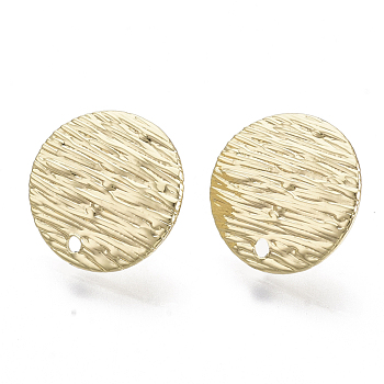 Iron Stud Earring Findings, with Loop and Steel Pin, Flat Round, Textured , Light Gold, 14mm, Hole: 1.2mm, Pin: 0.7mm
