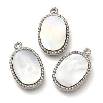 304 Stainless Steel Charms, with Pave Shell, Oval Charm, Stainless Steel Color, 19.5x12x3mm, Hole: 1.2mm