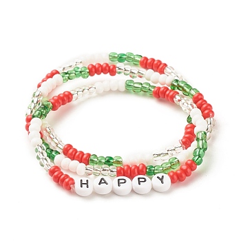 3Pcs 3 Style Glass Seed Stretch Bracelets Set with Word Happy Acrylic Beads for Women, Mixed Color, Inner Diameter: 2-1/4 inch(5.8cm), 1Pc/style