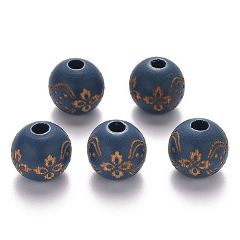 Painted Natural Wood Beads, Laser Engraved Pattern, Round with Flower Pattern, Steel Blue, 16x15mm, Hole: 4mm