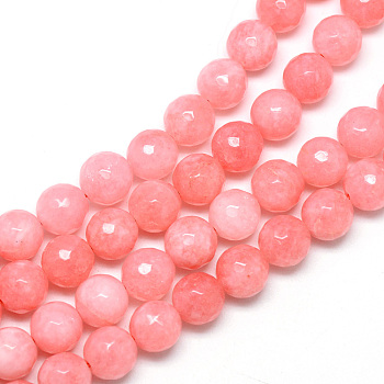 Natural White Jade Bead Strands, Dyed, Faceted, Round, Light Coral, 8~9mm, Hole: 1mm, about 46pcs/strand, 14.76~14.96 inch(37.5~38cm)