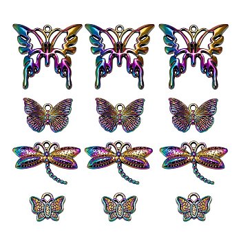 16Pcs 4 Style Alloy Pendants, Cadmium Free & Nickel Free & Lead Free, Butterfly & Dragonfly, Rainbow Color, 11~24.5x13~25.5x2~3mm, Hole: 1.2~1.8mm, 4pcs/style