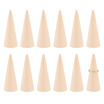 12Pcs Wooden Ring Displays, Cone Shaped Finger Ring Display Stands, Blanched Almond, 3x7.8cm