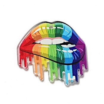 Printed Acrylic Pendants, Lips with Rainbow Charms, 30x32x2mm, Hole: 1.6mm