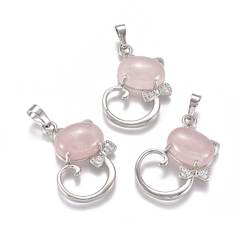Natural Rose Quartz Kitten Pendants, with Platinum Tone Brass Findings and Crystal Rhinestone, Cat with Bowknot Shape, 32x25.5x7.5mm, Hole: 4.5x7mm