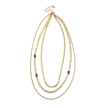 Golden Tone 304 Stainless Steel 3 Layer Necklaces for Women, Boho Necklace with Column Plastic Bead, Green, 15.75 inch(40cm)