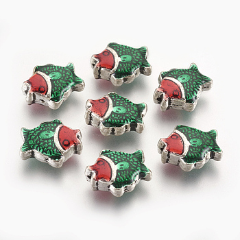 Alloy Enamel Beads, Fish, Green, Antique Silver, 16x13.5x6.5mm, Hole: 1.5mm