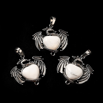 Natural Howlite Heart Pendants, Dragon Charms, with Rack Plating Antique Silver Plated Brass Findings, Lead Free & Cadmium Free, 33x33.5~34x7~7.5mm, Hole: 8x5mm