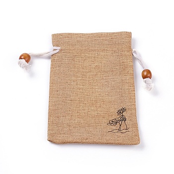 Burlap Packing Pouches, Drawstring Bags, with Wood Beads, Tan, 14.6~14.8x10.2~10.3cm