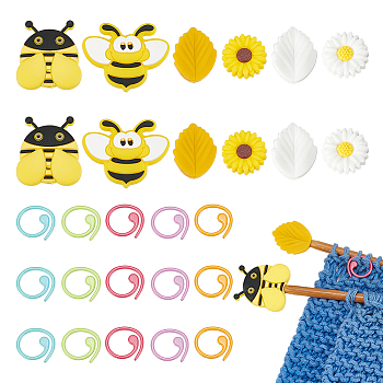 WADORN Leaf Flower Bees Silicone Knitting Needle Point Protectors, Knitting Needle Stoppers with Zinc Alloy Stitch Markers, Mixed Color, 14.5~31x14.5~37x1~9.5mm, Hole: 2~3.5mm