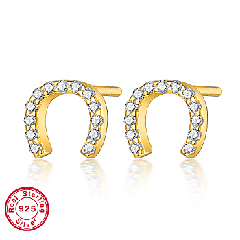925 Sterling Silver Rhinestone Stud Earrings, Real 18K Gold Plated, with with S925 Stamp, Arch, 6x6mm