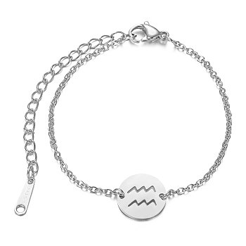 201 Stainless Steel Link Bracelets, with Cable Chains and Lobster Claw Clasps, Flat Round with Constellation, Aquarius, 6 inch~6-3/4 inch(15~17.5cm), 1.5mm