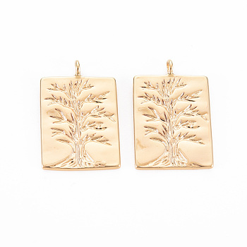 Brass Pendants, Nickel Free, Rectangle with Tree, Real 18K Gold Plated, 22x14.5x1mm, Hole: 1.8mm