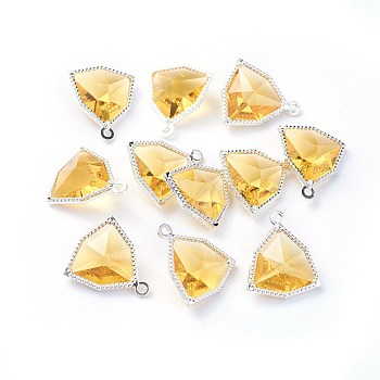 Glass Pendants, with Eco-Friendly Alloy Open Back Berzel Findings, Faceted, Triangle, Silver Color Plated, Gold, 17x14.5x7mm, Hole: 1.2mm