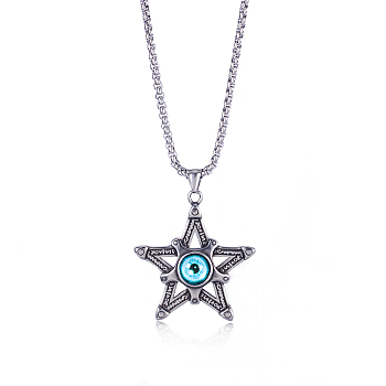 Five-pointed Star Pendant Necklace Titanium Steel Star Pendant Necklace Vintage Resin Evil Eye Jewelry Guardian Charms for Men Women, Stainless Steel Color, 27.95 inch(71cm)