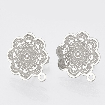 Non-Tarnish 304 Stainless Steel Stud Earring Findings, with Loop, Flower, Stainless Steel Color, 17.5x15mm, Hole: 1mm, pin: 0.7mm