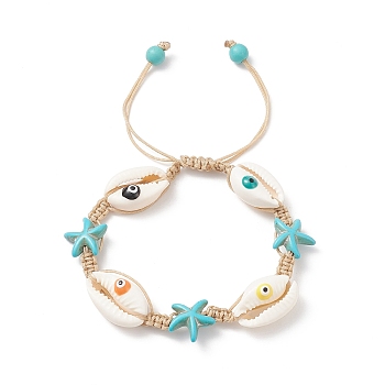 Natural Shell Evil Eye & Synthetic Turquoise(Dyed) Starfish Braided Bead Bracelet, Ocean Theme Adjustable Bracelet for Women, Colorful, Inner Diameter: 2~3-1/8 inch(5~8cm)