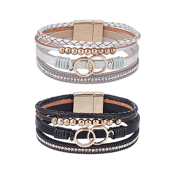 2Pcs 2 Color Imitation Leather Multi-Strand Bracelets Set, Alloy Interlocking Rings Links Punk Bracelets for Women, Mixed Color, 7-5/8 inch(19.5cm), 1Pc/color