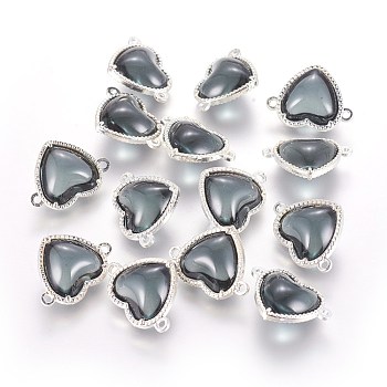 Glass Links connectors, with Eco-Friendly Alloy Findings, Heart, Silver Color Plated, Gray, 14x18.5x7mm, Hole: 1.2mm
