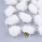 Faux Mink Fur Tassel Pendant Decorations, with Alloy Findings, Antique Golden, White, 20~30x28~30mm, Hole: 1.8mm(FIND-S300-37X)