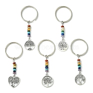 Alloy Flat Round & Heart with Tree of Life Pendant Keychain, with Chakra Gemstone Bead and Iron Split Key Rings, Mixed Shapes, 6.6~6.8cm, Pendant: 18~19.5x15~16.5x1~1.5mm(KEYC-JKC00591)