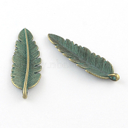 Zinc Alloy Leaf Pendants, Cadmium Free & Lead Free, Antique Bronze & Green Patina, 44x14x2mm, Hole: 2mm(PALLOY-R065-009-LF)