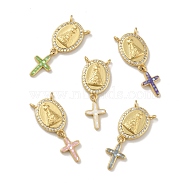 Brass Charms, with Shell, Cadmium Free & Lead Free, Long-Lasting Plated, Oval with Cross, Real 18K Gold Plated, Mixed Color, 30mm, Hole: 1.5mm(KK-B059-52G)