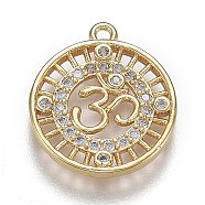 Hollow Brass Micro Pave Clear Cubic Zirconia Pendants, Long-Lasting Plated, Flat Round with Aum/Om Symbol, Real 18K Gold Plated, 17x15x2mm, Hole: 1.2mm(ZIRC-Z003-02G)