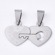 201 Stainless Steel Split Pendants, for Lovers, Heart with Key & Word Love, For Valentine's Day, Stainless Steel Color, 17x30x1mm, Hole: 8x4mm(STAS-T048-30)