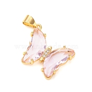 Glass Pendants, with Brass Clear Micro Pave Cubic Zirconia, Butterfly, Golden, Pink, 24x21x4mm, Hole: 5.5x3.5mm(GLAA-G075-01G-08)