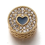 304 Stainless Steel European Beads, Large Hole Beads, with Enamel and Crystal Rhinestone, Flat Round with Heart, Golden, Prussian Blue, 11.5x7.5mm, Hole: 4.5mm(STAS-I177-22B)