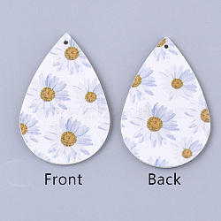 PU Leather Big Pendants, teardrop, with Flower Pattern, White, 55x35x2mm, Hole: 2mm(FIND-T058-B14)