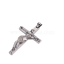 304 Stianless Steel Pendants with Rhinestone, Cross with Guitar Charm, Stainless Steel Color, 60x39mm(FIND-PW0024-26)