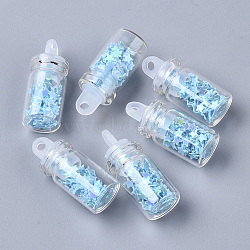 Glass Wishing Bottle Pendant Decorations, with Star Glitter Sequins/Paillette inside, with Plastic Plug, Light Sky Blue, 24.5x10mm, Hole: 2mm(GLAA-T008-01D)