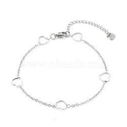 Tarnish Resistant 304 Stainless Steel Cable Chain Anklets, with Heart Link and Lobster Claw Clasps, Stainless Steel Color, 9-1/8 inch(23.3cm)(AJEW-H104-04P)