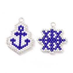 2Pcs 2 Styles Handmade Japanese Seed Pendants, Loom Pattern, with Silver Color Plated Stainless steel Rings, Anchor & Helm, Dark Blue, 21.5~25x20~22x1.5mm, Hole: 2mm, 1pc/style(PALLOY-MZ00032)
